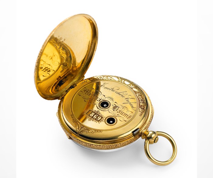 Gold watch engraved with the inscription “A notre chère enfant” (To our dear daughter), a gift to Mélina Baume, Baume & Mercier museum collection, 1869